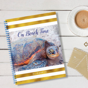 On Beach Time   Hawaiian Sea Turtle   Gold Stripes Notebook