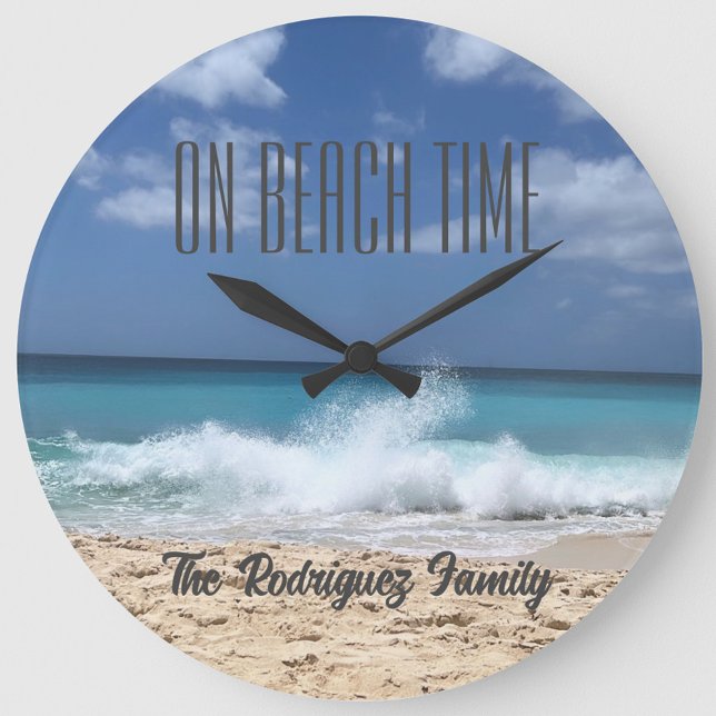 On Beach Time Personalised Family Beach Home Large Clock (On Beach Time Family Beach Home Clock, Beach House, Summer House Decor, Housewarming Gift)