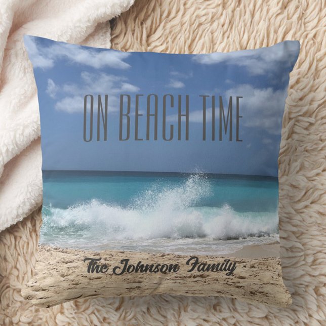 On Beach Time Personalised Tropical Paradise  Cushion (Personalized Beach Throw Pillow, Family Name, Beach House Gift, Housewarming Gift)