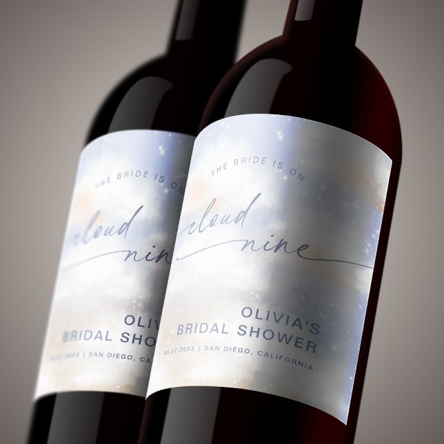 On Cloud 9 Dusty Blue Font Bridal Shower Wine Label (Creator Uploaded)