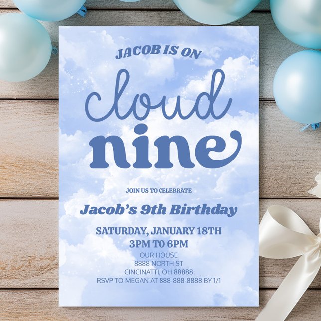 On Cloud Nine Blue Ninth 9th Birthday Party Invitation (Creator Uploaded)