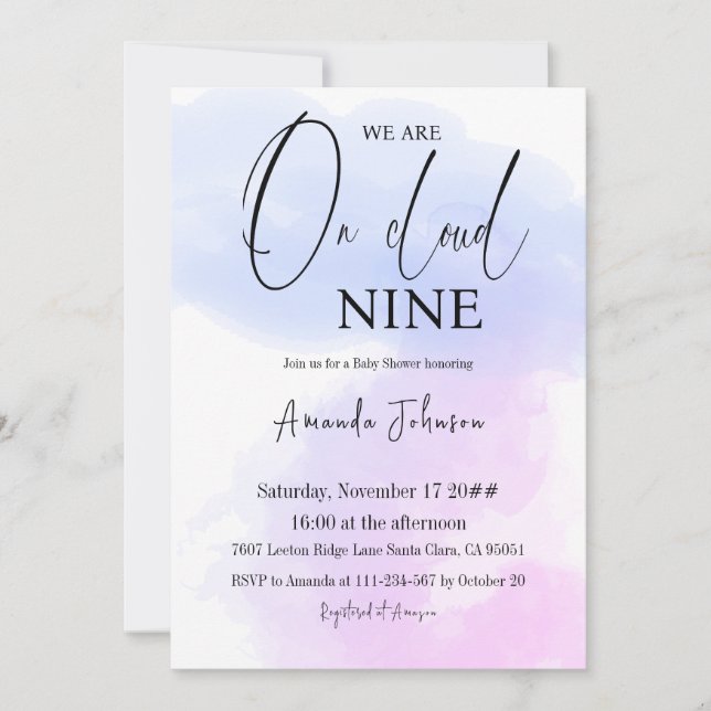 On Cloud Nine Calligraphy Blue Pink Baby Shower Invitation (Front)