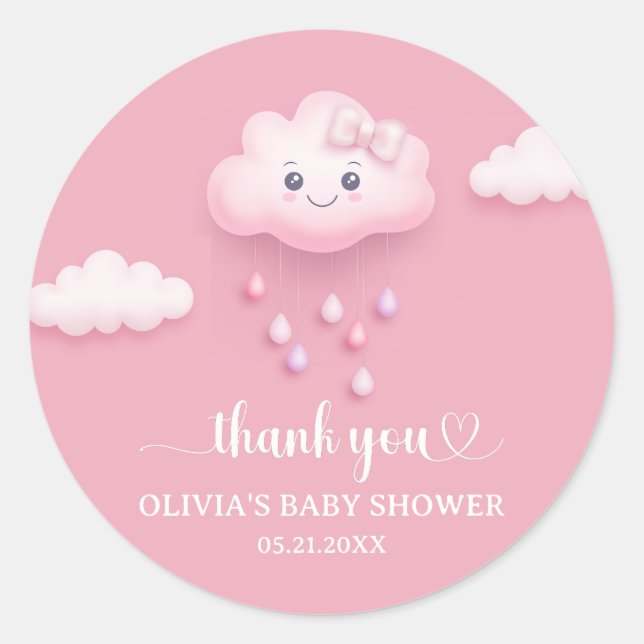 On Cloud Nine Modern Pink Girl Baby Shower  Classic Round Sticker (Front)