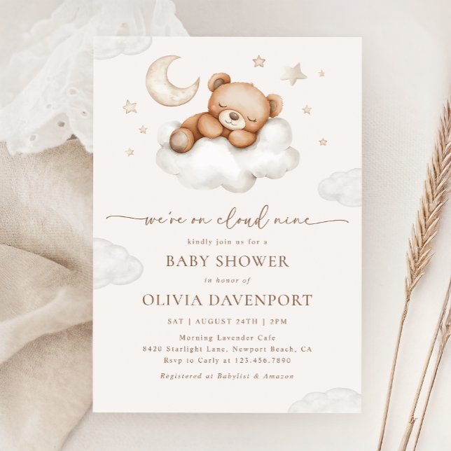 On Cloud Nine Neutral Teddy Bear Baby Shower Invitation (Creator Uploaded)