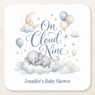 On Cloud Nine, Personalized Blue Elephant Moon Boy Square Paper Coaster