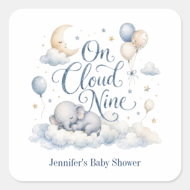 On Cloud Nine, Personalized Blue Elephant Moon Boy Square Sticker (Front)
