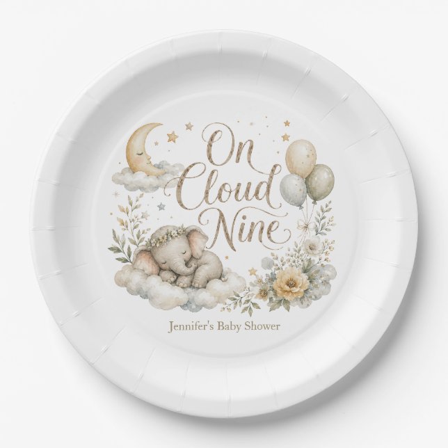 On Cloud Nine, Personalized Gender Neutral Elephan Paper Plate (Front)