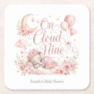 On Cloud Nine, Personalized Pink Elephant Moon Gir Square Paper Coaster