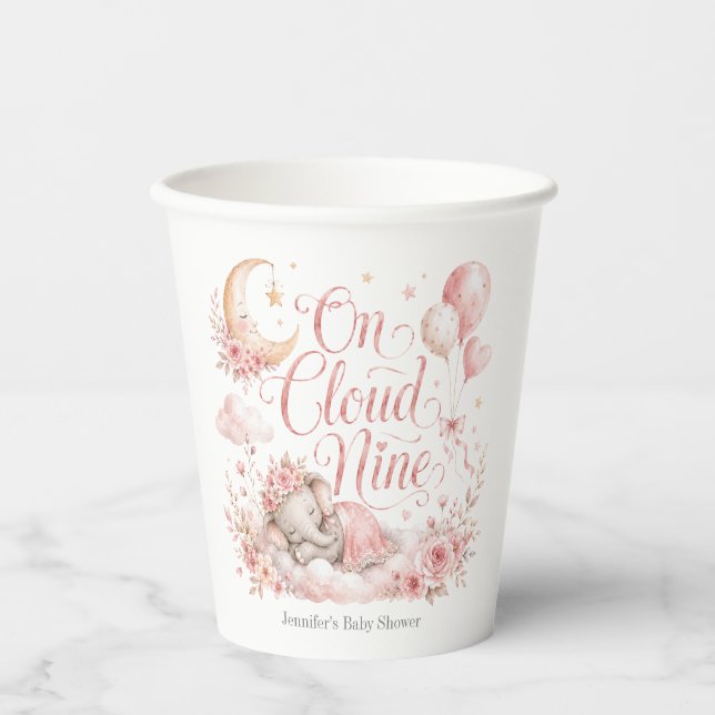 On Cloud Nine, Personalized Pink Elephant Moon Paper Cups (Front)