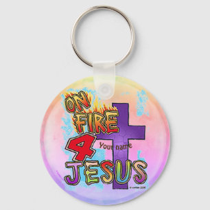 On Fire For Jesus Christian cross  Key Ring