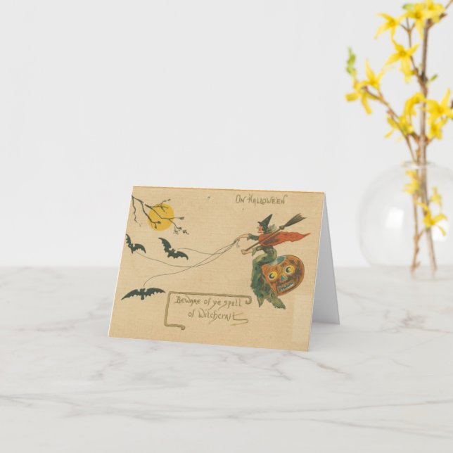On Halloween Beware of Witchcraft Vintage Card (Yellow Flower)