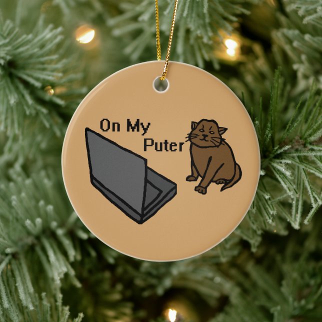 On My Puter Funny Computer Brown Cat Meme Ceramic Tree Decoration (Tree)