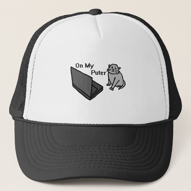 On My Puter Funny Computer Gray Cat Meme Trucker Hat (Front)