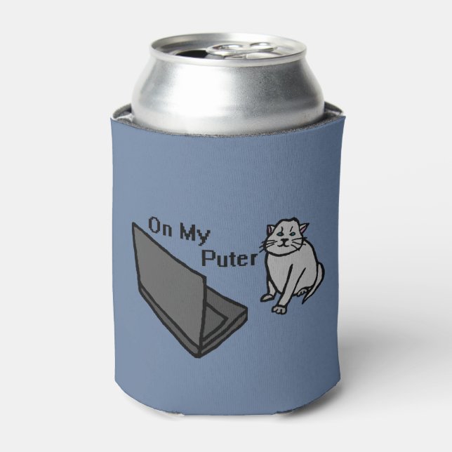 On My Puter Funny Computer Grey Cat Meme Can Cooler (Can Front)