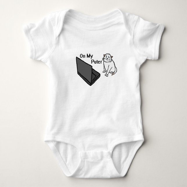 On My Puter Funny Computer White Cat Meme Baby Bodysuit (Front)