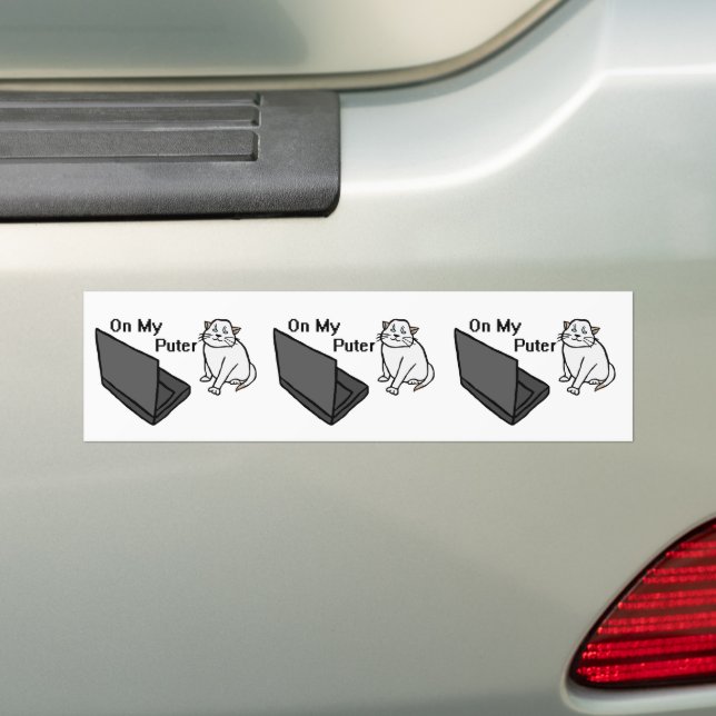 On My Puter Funny Computer White Cat Meme Bumper Sticker (On Car)