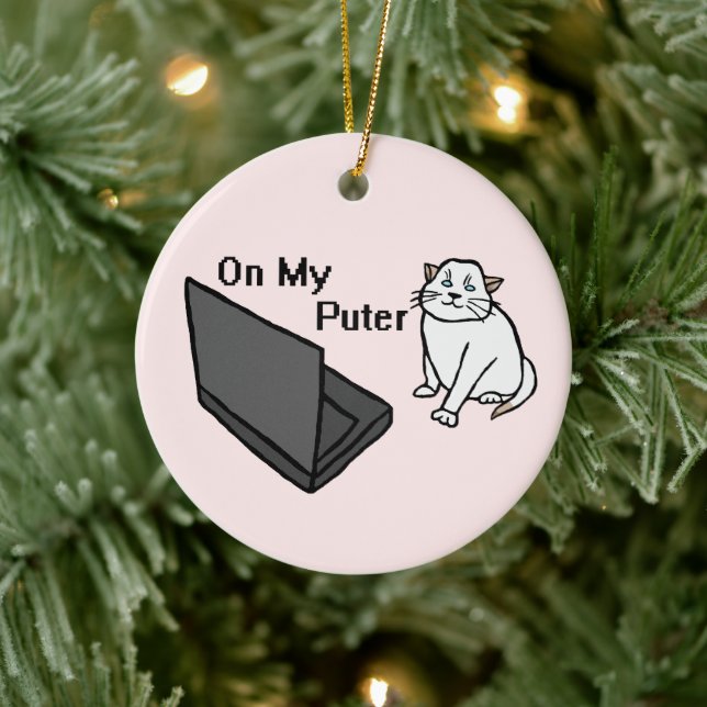 On My Puter Funny Computer White Cat Meme Ceramic Tree Decoration (Tree)