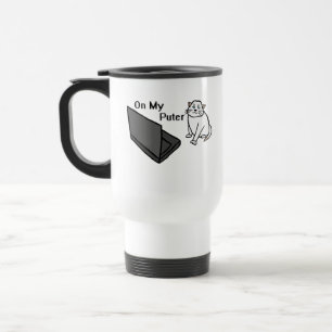 On My Puter Funny Computer White Cat Meme Travel Mug