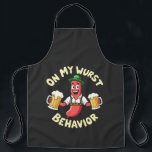 On My Wurst Behaviour Funny Oktoberfest Festival Apron<br><div class="desc">Oktoberfest sausage,  Beer celebration,  Oktoberfest festival,  German sausage,  Sausage with beer,  Wurst behaviour,  Oktoberfest humour,  Sausage fest,  Beer lover,  German festival</div>