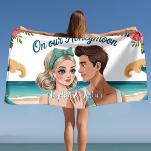On Our Honeymoon Tropical Blue Ocean Wave Romantic Beach Towel