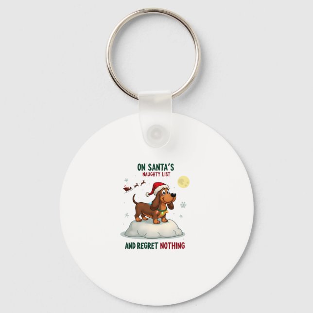 On Santa's Xmas Naughty List Regret Nothing Basset Key Ring (Front)
