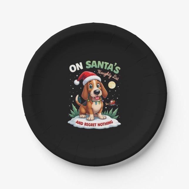 On Santa's Xmas Naughty List Regret Nothing Basset Paper Plate (Front)