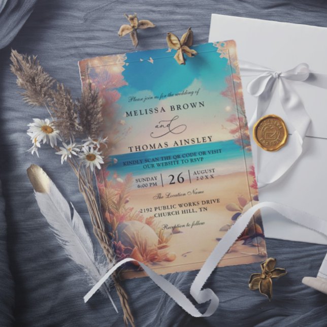 On the beach elegant modern qr code wedding invitation (Creator Uploaded)