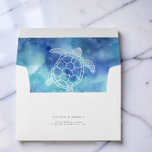 On The Beach Ocean Tortoise Pink Blue Wedding Envelope