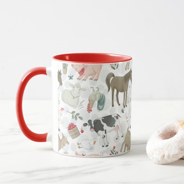 On The Farm Animal Farmhouse Country Red Mug (With Donut)