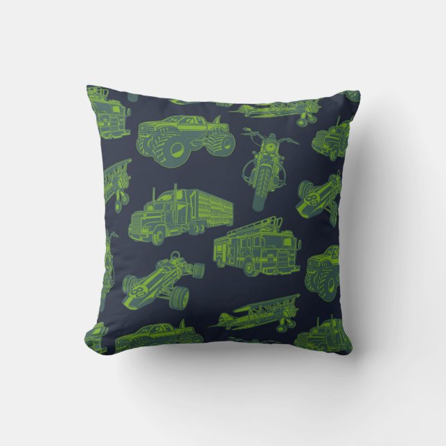 On the Go Blue & Green Moving Vehicles Cars Boys Cushion (Front)
