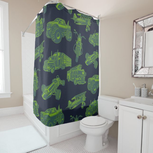 On the Go Blue & Green Moving Vehicles Cars Boys Shower Curtain (In Situ)