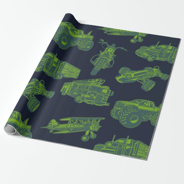 On the Go Blue & Green Moving Vehicles Cars Boys Wrapping Paper (Unrolled)