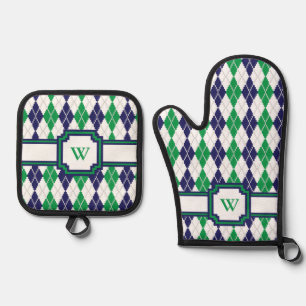 On the Green Argyle Oven Mitt & Pot Holder Set