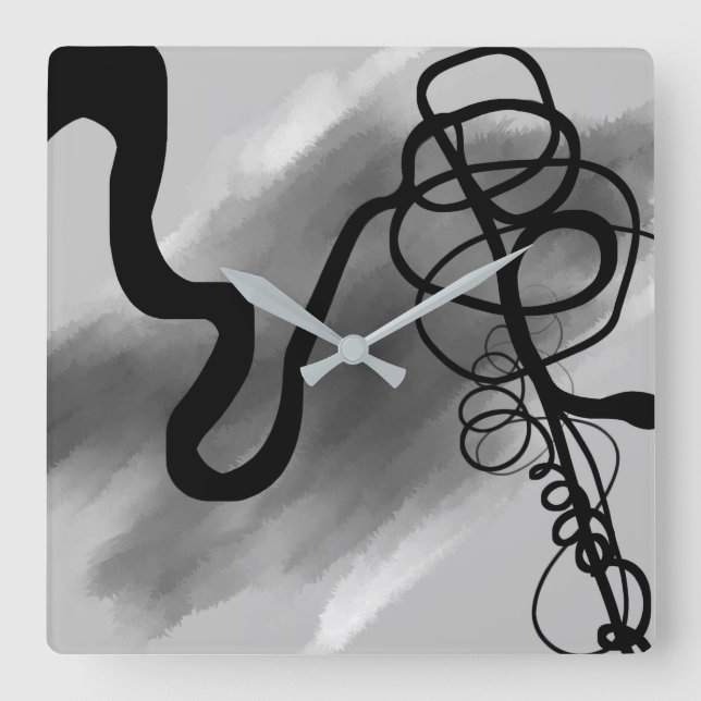 On the Grid: Abstract Grey, Black & White Square Wall Clock (Front)