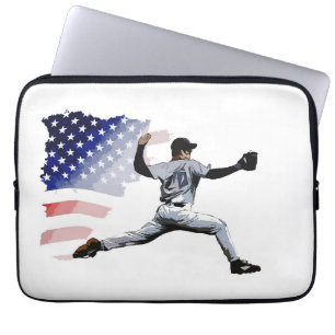 On The Mound - Baseball Pitcher and USA Flag Laptop Sleeve