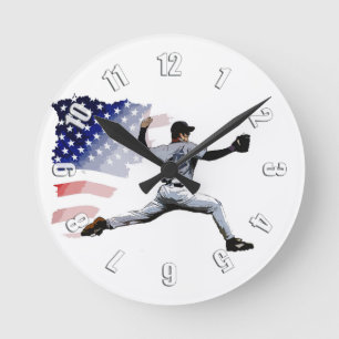 On The Mound - Baseball Player and US Flag Round Clock