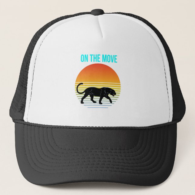 On the Move – Panther Walking Under a Retro Sunset Trucker Hat (Front)