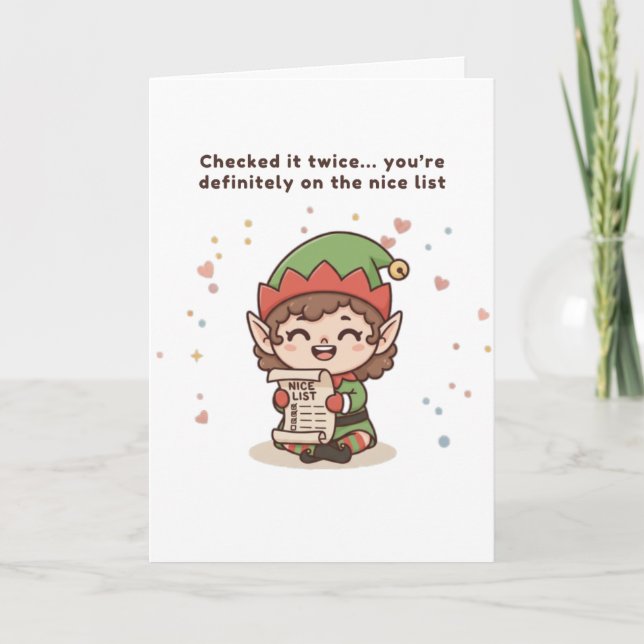 On the Nice List Cute Puchi Dōshi Elf Christmas  Card (Front)