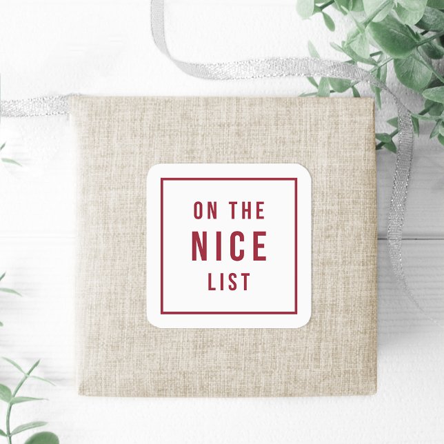 On the Nice List | Modern Red & White Holiday Square Sticker (Creator Uploaded)
