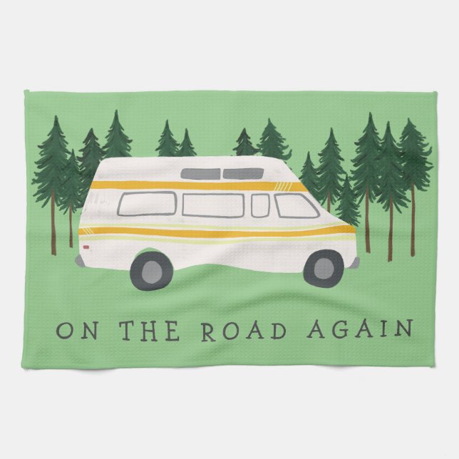 ON THE ROAD AGAIN Truck Camping RVing Trees Forest Tea Towel (Horizontal)