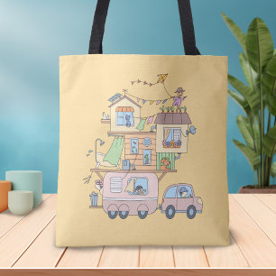 On the Road Family Camping Trailer on Yellow Tote Bag