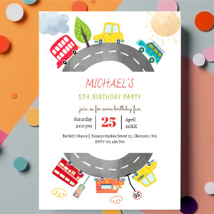 On the road happy vehicles boy birthday invitation
