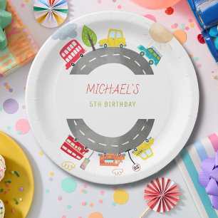 On the road happy vehicles boy birthday paper plate