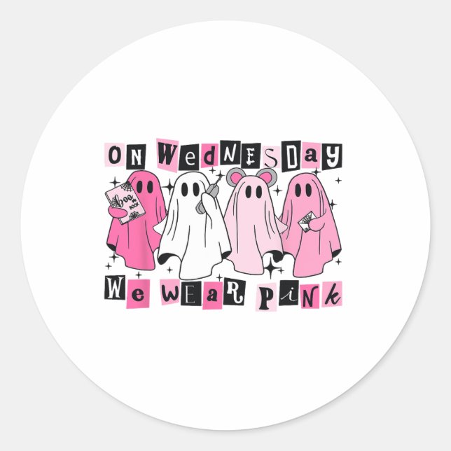 On Wednesday We Wear Cute Pink Ghost Halloween  Classic Round Sticker (Front)