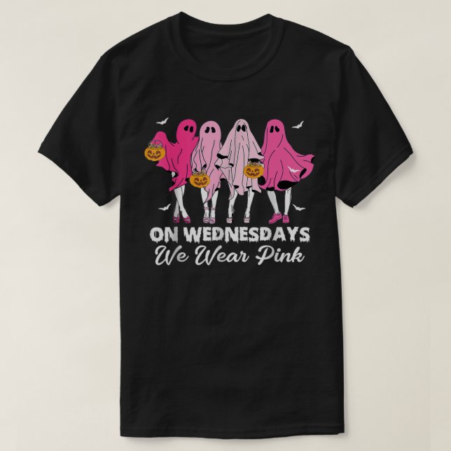 On Wednesday We Wear Pink Cute Ghost Halloween Bre T-Shirt (Design Front)