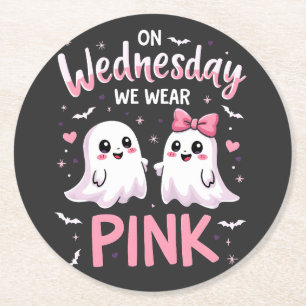 On Wednesday We Wear Pink Spooky Halloween Skull Round Paper Coaster