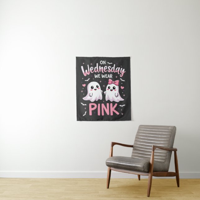 On Wednesday We Wear Pink Spooky Halloween Skull Tapestry (In Situ)