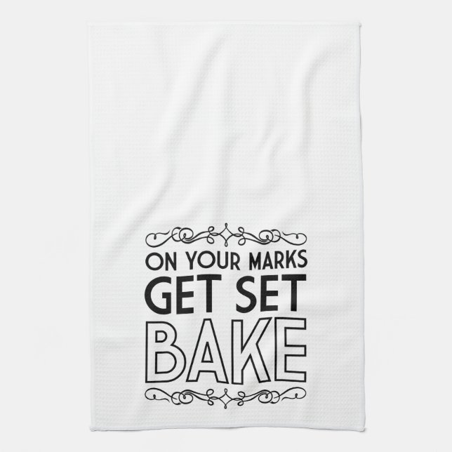 On Your Marks Get Set Bake (Black) Tea Towel (Vertical)