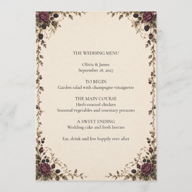 Once Upon a Midnight Plum Rose Wedding Menu (Front)