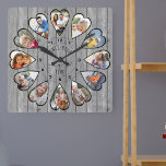 Once Upon a Time 12 Heart Photos Dark Gray Wood Square Wall Clock<br><div class="desc">Create your own multi photo clock to tell your story - the center of the clock face is lettered with "Once upon a time" in handwritten typography. Use the photo template to add 12 of your favorite photos, which will be displayed in heart shaped frames. The design uses portrait vertical...</div>